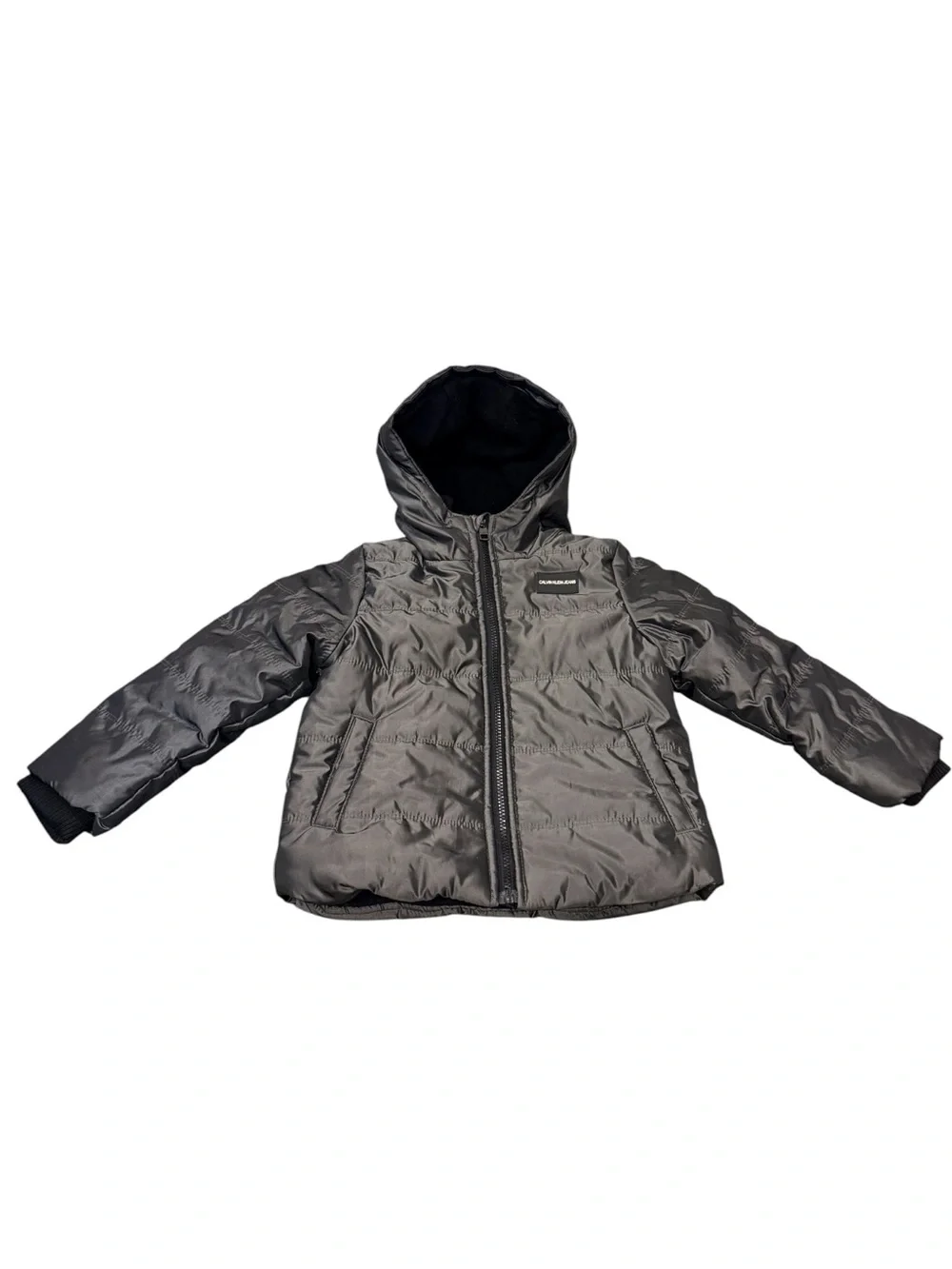 Calvin Klein Boys Puffer Winter Jacket Hooded Gray Fleece Lined Logo Size 4T